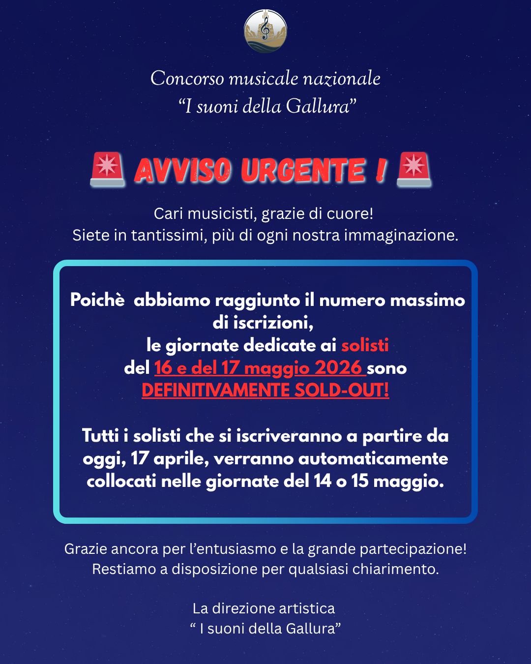 Concorso Musicale Sold out le date del 16 e 17